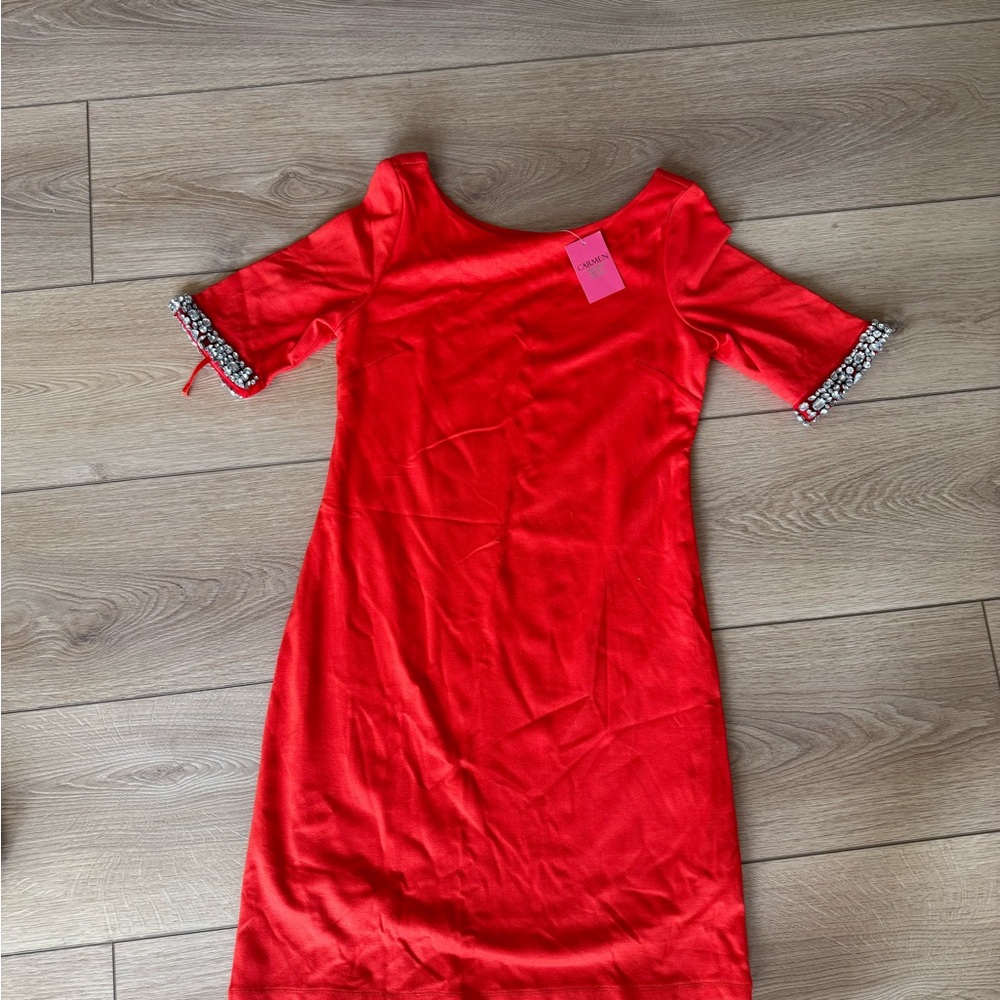 Elegant Red Dress with Beaded Sleeves